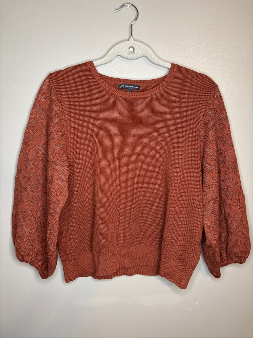 Adrianna Papell Rust Crewneck Puff-Sleeve Sweater